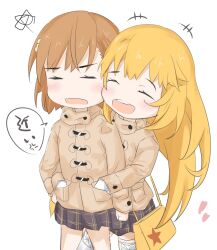 +++ 2girls :d anger_vein blonde_hair brown_coat brown_hair closed_mouth coat commentary_request cowboy_shot deformed duffel_coat flower_hairpin gloves grey_skirt hand_in_another's_pocket hands_in_another's_pocket heart light_blush long_hair long_sleeves medium_hair miniskirt misaka_mikoto multiple_girls open_mouth partial_commentary plaid_clothes plaid_skirt pleated_skirt pocket round_teeth school_uniform shin_(highest1192) shokuhou_misaki simple_background skirt smile speech_bubble spider_web_print standing star_(symbol) star_print teeth thigh-highs toaru_majutsu_no_index toaru_majutsu_no_index:_new_testament tokiwadai_school_uniform upper_teeth_only very_long_hair white_background white_gloves white_thighhighs winter_clothes winter_uniform zettai_ryouiki 