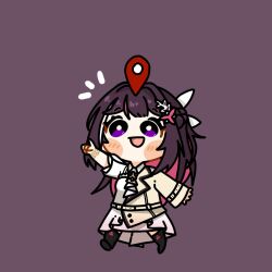  1girl :d alicemuyuki azki_(4th_costume)_(hololive) azki_(hololive) black_boots blush_stickers boots bracelet braid bright_pupils brown_background brown_hair brown_jacket chibi chibi_only collared_dress colored_inner_hair commentary dress english_commentary full_body gold_bracelet hair_ornament hairclip half_up_half_down_braid high-low_dress highres hololive hololive_english jacket jewelry long_hair map_pin multicolored_hair notice_lines open_mouth pink_hair pink_streaks pointing ponytail raised_eyebrows short_ponytail simple_background smile solo streaked_hair violet_eyes virtual_youtuber white_dress white_pupils white_streaks 