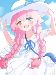 1girl absurdres alternate_costume alternate_hairstyle bag bare_shoulders blue_archive blue_bow blue_eyes blue_ribbon blue_sky blush bow braid clouds cloudy_sky collarbone commentary_request cowboy_shot crossed_bangs dress fang hair_between_eyes hair_flaps hair_over_shoulder hand_up hat hat_ribbon heterochromia highres hoshino_(blue_archive) looking_at_viewer low_twin_braids open_mouth orange_eyes outdoors petako_(ptpt_k) pink_hair ribbon shoulder_bag sidelocks skin_fang sky solo sun_hat sundress twin_braids white_dress white_hat 
