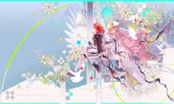  2girls absurdres ambience_synesthesia architecture arknights back-to-back bare_shoulders bird black_gloves black_jacket black_shoes black_sleeves bracelet branch choker closed_eyes closed_mouth disembodied_hand dove dress exusiai_(arknights) fingerless_gloves fingernails floating_hair floating_ribbon full_body gloves hand_on_another's_hand highres jacket jewelry lemuen_(arknights) lemuen_(requiem_vesperis)_(arknights) long_dress long_hair long_sleeves looking_down looking_up miaowa_zhongzi_guaguale multiple_girls nail_polish one_eye_covered orange_eyes pink_nails plant purple_ribbon red_hair red_ribbon ribbon ribbon_legwear shoes short_hair sitting smile star_(symbol) star_choker thigh-highs tree two-tone_ribbon veil white_dress white_thighhighs white_veil 