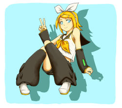  1girl arm_warmers black_shorts blonde_hair blue_background blue_eyes bow closed_mouth commentary detached_sleeves hair_bow hair_ornament hairclip jaco kagamine_rin leg_warmers long_sleeves looking_at_viewer midriff neckerchief sailor_collar shadow shirt short_hair shorts simple_background sitting sleeveless smile solo white_bow white_shirt yellow_neckerchief 