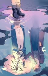  2girls black_boots black_hair black_skirt blue_coat blue_eyes blue_neckerchief boots brown_coat brown_gloves brown_hair coat different_reflection dress equilibrium_umbrella gloves greta_hofmann grey_hat grey_jacket guni_(9guniguni) hand_on_another's_cheek hand_on_another's_face hat highres holding holding_umbrella jacket long_dress long_hair long_skirt low_ponytail marcus_(reverse:1999) multiple_girls neckerchief newsboy_cap ponytail puddle reflection reflection_focus reflective_liquid reverse:1999 ripples skirt socks standing umbrella white_dress 