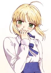  1girl ahoge artoria_pendragon_(fate) blonde_hair blue_bow blue_bowtie blue_skirt blush bow bowtie breasts closed_mouth collared_shirt english_commentary fate/stay_night fate_(series) fingernails floating_hair green_eyes hair_between_eyes hair_bow hand_on_own_chin hand_up high-waist_skirt highres huge_ahoge long_sleeves looking_afar puffy_long_sleeves puffy_sleeves saber_(fate) shirt short_hair sidelocks skirt small_breasts smile solo to_my_king upper_body watermark white_shirt 