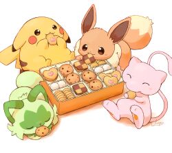  animal_focus brown_fur closed_mouth commentary_request cookie eating eevee food food_in_mouth green_fur highres holding looking_at_viewer mew_(pokemon) mimix mouth_hold no_humans pikachu pokemon pokemon_(creature) pokemon_focus simple_background smile sprigatito tail white_background 