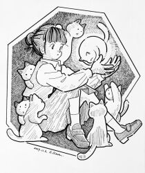  1girl animal animal_on_shoulder artist_name blunt_bangs cat cat_on_shoulder collared_shirt commentary_request dated floating glowing hair_bun knees_up loafers looking_at_animal original parted_lips rearing shirt shoes short_hair sitting skirt solo too_many too_many_cats traditional_media vest zpihr6jprso2r2l 