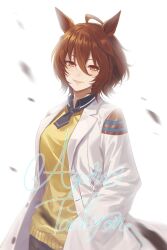  1girl agnes_tachyon_(umamusume) ahoge animal_ears black_necktie black_shirt brown_hair character_name coat collared_shirt double-parted_bangs english_text falling_leaves hair_between_eyes highres horse_ears horse_girl lab_coat leaf long_sleeves looking_at_viewer necktie open_clothes open_coat red_eyes shirt short_hair short_necktie simple_background smile solo sparrow_ame sweater umamusume white_background white_coat yellow_sweater 