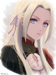  1girl cape closed_mouth commentary_request edelgard_von_hresvelg fire_emblem fire_emblem:_three_houses garreg_mach_monastery_uniform hair_ribbon highres labebebe_lee long_hair looking_at_viewer portrait purple_ribbon red_cape ribbon side_cape solo violet_eyes white_hair 