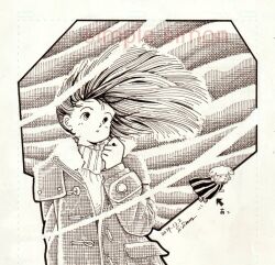  1boy 1girl arrow_(symbol) artist_name cloak clouds cloudy_sky coat commentary_request crosshatching dated floating_hair fur-trimmed_hood fur_trim greyscale hatching_(texture) hood hood_down hooded_coat kitakaze_kozou_no_kantarou looking_afar minna_no_uta_(nhk) monochrome open_clothes open_coat original outdoors parted_lips sandogasa sky standing sweater traditional_media turtleneck turtleneck_sweater upper_body wind zpihr6jprso2r2l 