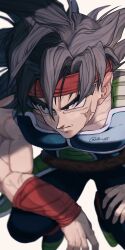  1boy absurdres arm_on_own_leg armband armor bardock bare_shoulders biceps black_eyes black_hair blue_armor blue_pants blurry closed_mouth collarbone cross_scar db_vg8 depth_of_field dragon_ball dragon_ball_z from_above full_body furrowed_brow hand_on_own_leg headband highres looking_to_the_side male_focus monkey_tail muscular muscular_male pants red_armband red_headband saiyan scar scar_on_cheek scar_on_face simple_background solo spiky_hair squatting tail tail_around_own_waist twitter_username veins veiny_arms veiny_hands white_background 