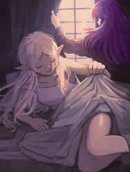  2girls absurdres black_robe blanket breasts closed_eyes collarbone curtains day elf english_commentary fern_(sousou_no_frieren) frieren highres holding holding_blanket illustsushi indoors long_hair morning multiple_girls on_bed open_mouth opening_curtains parted_bangs pointy_ears purple_hair robe sleepy sousou_no_frieren straight_hair thighs under_covers very_long_hair waking_up wavy_mouth white_hair window 