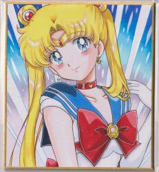  1girl back_bow bishoujo_senshi_sailor_moon blonde_hair blue_background blue_eyes blue_sailor_collar blush bow breasts chikoto_(kztc4472) choker closed_mouth collarbone commentary crescent crescent_choker crescent_earrings double_bun earrings elbow_gloves gem gloves gold_tiara gradient_background hair_bun hair_ornament head_tilt highres jewelry leotard lips lone_nape_hair long_hair looking_at_viewer magical_girl medium_breasts parted_bangs photo_(medium) picture_frame pink_background red_bow red_choker red_gem red_trim sailor_collar sailor_moon sailor_senshi_uniform short_sleeves smile solo tiara traditional_media transformation_brooch_(sailor_moon) tsukino_usagi twintails upper_body white_gloves white_leotard 