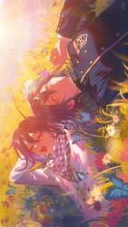  2boys absurdres ahoge auni black_hair black_jacket blue_butterfly bug butterfly butterfly_on_hand buttons checkered_clothes checkered_scarf closed_eyes collared_jacket danganronpa_(series) danganronpa_v3:_killing_harmony english_commentary eyelashes field flipped_hair flower flower_field grass hair_between_eyes highres jacket long_sleeves lying male_focus multiple_boys oma_kokichi on_back open_mouth outdoors parted_lips pinstripe_jacket pinstripe_pattern purple_butterfly purple_hair saihara_shuichi scarf short_hair smile striped_clothes striped_jacket sunlight teeth two-tone_scarf yellow_eyes 