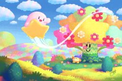  bandana bandana_waddle_dee blue_bandana blue_sky blush bush clip_studio_paint_(medium) closed_mouth clouds commentary day english_commentary flower flowery_woods flying grass kirby kirby:_triple_deluxe kirby_(series) knitetgantt making-of_available no_humans no_mouth open_mouth outdoors pink_flower red_flower riding signature sky smile warp_star white_flower 