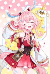  1girl :d ^_^ arm_up bare_shoulders black_necktie blush closed_eyes commentary commentary_request cowboy_shot crossed_bangs detached_sleeves dot_nose double-parted_bangs dress facing_viewer genshin_impact gradient_background hair_intakes head_wings highres linnea_(genshin_impact) long_hair long_sleeves lumi_(genshin_impact) necktie open_mouth pink_background pink_hair pointy_ears red_dress short_dress sleeveless sleeveless_dress smile solo w watermark white_sleeves wings yutukicom 