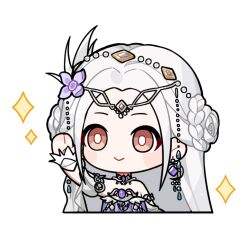  1girl :> arm_up armlet artist_request bare_shoulders beads blush_stickers braid bright_pupils brown_eyes bun_with_braided_base chest_jewel chibi choker circlet closed_mouth crescent crescent_earrings cropped_torso detached_sleeves diamond-shaped_earrings double_bun dress earrings echoes_upon_the_gale_(infinity_nikki) feather_hair_ornament feather_trim feathers flower forehead gem grey_sleeves hair_beads hair_bun hair_flower hair_ornament hairband happy infinity_nikki jewelry long_hair looking_ahead nikki_(series) official_art puffy_short_sleeves puffy_sleeves purple_dress purple_flower purple_gem short_sleeves silver_choker single_earring smile solo sparkle sticker_(medium) straight_hair strapless strapless_dress tareme transparent_background very_long_hair white_hair white_pupils white_wrist_cuffs wide_sleeves wrist_cuffs 