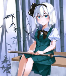  1girl bamboo bamboo_forest black_hairband blue_eyes collared_shirt commentary_request forest green_skirt green_vest grey_hair hairband highres hiiragi_(user_slf5165) katana konpaku_youmu looking_at_viewer nature open_mouth puffy_short_sleeves puffy_sleeves shirt short_hair short_sleeves sitting skirt skirt_set solo sword touhou vest weapon white_shirt 