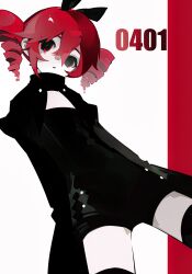  1girl absurdres black_eyes black_thighhighs crossed_bangs drill_hair flat_chest highres kasane_teto long_hair looking_at_viewer parted_lips red_hair romper short_hair shrug_(clothing) sidelocks solo thigh-highs twin_drills utau zhi_xu_liming 