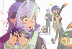  >_< 1boy 1girl 2girls 666hidemoonbird arm_up belle_(zenless_zone_zero) black_nails black_shirt blue_hair blush commentary eous_(zenless_zone_zero) gloves grey_hair hair_between_eyes hair_ornament hetero highres holding jacket letter_hair_ornament long_hair multicolored_hair multiple_girls open_mouth pointy_ears purple_hair red_eyes shirt short_hair simple_background smile untranslatable_commentary vivian_banshee waving white_background wise_(zenless_zone_zero) zenless_zone_zero 