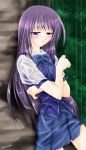  blush bow ever_17 komachi_tsugumi long_hair min outdoors purple_eyes purple_hair rain school_uniform signature skirt tree wet wet_clothes 