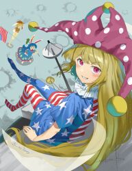  3girls american_flag american_flag_dress american_flag_legwear american_flag_print animal_ears blonde_hair blue_dress blue_hair blue_pantyhose blush brown_hat clownpiece commentary dress fairy_wings flag_print floppy_ears grin hat highres jester_cap kine long_hair looking_at_viewer mallet multiple_girls neck_ruff on_moon open_mouth orange_shirt otomeza_ryuseigun pantyhose pink_hat polka_dot polka_dot_headwear rabbit_ears red_eyes ringo_(touhou) satellite_dish seiran_(touhou) shirt short_hair short_sleeves shorts smile star_(symbol) star_print striped_clothes striped_dress striped_shorts touhou twitter_username vertical-striped_clothes vertical-striped_shorts very_long_hair wings yellow_shorts 