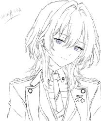  1girl artist_name blue_eyes closed_mouth collared_shirt greyscale hair_between_eyes hair_intakes highres hololive hololive_english jacket looking_at_viewer mahoraga_(artist) medium_hair monochrome necktie ouro_kronii ouro_kronii_(4th_costume) shirt simple_background sketch smile solo spot_color upper_body vest violet_eyes virtual_youtuber white_background 