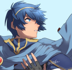  1boy aonoasuka blue_eyes blue_hair commentary fire_emblem fire_emblem:_mystery_of_the_emblem looking_to_the_side male_focus marth_(fire_emblem) parted_lips short_hair simple_background solo tiara upper_body 