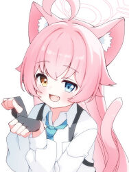  1girl ahoge animal_ear_fluff animal_ears aqua_necktie black_gloves blue_archive blue_eyes blush cat_ears cat_tail chest_strap collared_shirt commentary_request crossed_bangs dress_shirt fang fingerless_gloves from_side gloves hair_between_eyes hair_flaps halo heterochromia highres hoshino_(blue_archive) huge_ahoge kemonomimi_mode long_hair looking_at_viewer loose_necktie necktie open_mouth orange_eyes paw_pose petako_(ptpt_k) pink_hair pink_halo shirt sidelocks signature simple_background skin_fang solo tail twitter_username upper_body very_long_hair watermark white_background white_shirt 
