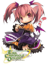  1girl animal_ears blush_stickers cat_ears cat_girl cat_tail copyright_logo dress emil_chronicle_online fake_head_wings fake_wings frilled_dress frilled_sleeves frills ghost_girl ghost_tail halloween logo neck_ribbon nekomata_akane official_alternate_costume official_art orange_dress pink_hair purple_ribbon purple_sleeves purple_wings red_eyes ribbon solo tail twintails white_background wings 