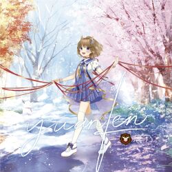  1girl 8k album_cover anime_coloring antlers autumn_leaves best blue_eyes blue_sailor_dress blunt_bangs blush brown_hair cherry_blossoms cover deer_antlers dress floating_hair full_body gradient_background hair_ornament highres holding holding_ribbon horns kano_(utaite) leaf masterpiece nature open_mouth path petals puffy_short_sleeves puffy_sleeves quality red_ribbon red_scarf ribbon scarf short_hair short_sleeves signature smile snow solo star_(symbol) star_hair_ornament thigh-highs tree white_dress white_thighhighs wind winter 