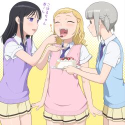 3girls ^_^ absurdres arms_at_sides birthday_cake black_hair blonde_hair blue_sweater_vest blush breasts cake closed_eyes closed_mouth collared_shirt commentary_request cowboy_shot cream cream_on_face empty_eyes fang feeding food food_on_face fork fruit futaki_shiki grey_hair hair_ornament happy heart heart_hair_ornament highres holding holding_cake holding_food holding_fork holding_plate ichikawa_masahiro long_hair looking_at_another medium_hair mima_sachi minami_koharu miniskirt multiple_girls necktie open_mouth paid_reward_available pink_sweater_vest plate pleated_skirt purple_necktie purple_sweater_vest school_uniform shirt short_hair short_twintails sidelocks skirt small_breasts smile solid_circle_eyes strawberry sweater_vest teeth tongue twintails two-tone_background upper_teeth_only violet_eyes watashi_ga_motenai_no_wa_dou_kangaetemo_omaera_ga_warui! wavy_hair white_background white_shirt yellow_background yellow_skirt 