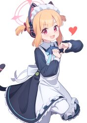  1girl animal_ear_headphones animal_ears apron black_dress blonde_hair blue_archive blue_ribbon cat_ear_headphones cat_ears cat_tail commentary_request dress fake_animal_ears fake_tail frilled_dress frills halo headphones heart heart_hands highres hudeako long_sleeves maid maid_apron maid_headdress md5_mismatch momoi_(blue_archive) momoi_(maid)_(blue_archive) neck_ribbon official_alternate_costume open_mouth pantyhose pink_eyes pink_halo puffy_long_sleeves puffy_sleeves ribbon short_twintails simple_background solo tail twintails v-shaped_eyebrows white_apron white_background white_pantyhose 