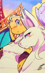  025aki absurdres antennae blush dated ditto dragonite grey_eyes highres horns looking_at_viewer open_mouth outdoors pink_eyes pokemon pokemon_(creature) rapidash signature single_horn white_fur 