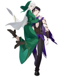  1boy 1girl aliasing arm_tattoo artist_request black_eyes black_hair black_pants breasts brown_corset brown_shoes cape carrying carrying_person chinese_commentary closed_mouth commentary_request commission corset couple genderswap genderswap_(ftm) genderswap_(mtf) green_eyes green_robe hairband high_heels highres large_breasts looking_at_viewer nun octopath_traveler octopath_traveler_ii open_mouth pants pectoral_cleavage pectorals purple_cape purple_hairband robe second-party_source shoes short_hair simple_background smile snake_tattoo tattoo temenos_mistral throne_anguis torn_cape torn_clothes veil white_background white_hair 