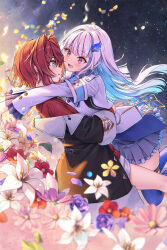  2girls :d ange_katrina ange_katrina_(1st_costume) armband arms_around_neck artist_name black_background black_coat blue_armband blue_eyes blue_hair blue_skirt blue_thighhighs blurry blurry_foreground blush cardigan character_name coat colored_inner_hair commentary_request copyright_name dated depth_of_field falling_flower falling_petals flower flower_request frilled_skirt frilled_sleeves frills hair_intakes hair_ornament hands_on_another's_waist highres hug kuro-kun_(nablack) light_particles lize_helesta lize_helesta_(1st_costume) long_bangs long_hair long_sleeves looking_at_another medium_hair miniskirt multicolored_hair multiple_girls nijisanji off_shoulder open_mouth petals pleated_skirt purple_flower red_cardigan red_flower red_hair shirt shrug_(clothing) skirt smile streaked_hair thigh-highs two-tone_hair very_long_hair violet_eyes virtual_youtuber watermark web_address white_flower white_hair white_shirt white_shrug yellow_flower 