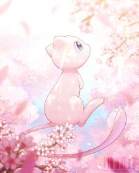  blue_eyes blue_sky branch cherry_blossoms colored_skin commentary_request dappled_sunlight floating flower from_side full_body highres looking_up mew_(pokemon) no_humans outdoors pink_flower pink_skin pokemon pokemon_(creature) pokemon_focus sky solo sunlight tail wataame4907 