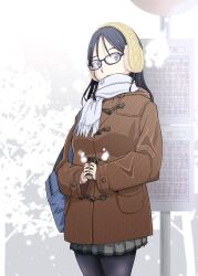  1girl alice_gear_aegis bag black-framed_eyewear black_hair black_pantyhose breath brown_coat can character_request coat commentary_request earmuffs glasses grey_skirt highres holding holding_can long_hair looking_at_viewer outdoors pantyhose sasaki_bullet scarf school_bag skirt solo standing white_scarf 