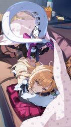  1girl animal bad_link bare_shoulders blonde_hair braid cissia_(zenless_zone_zero) controller couch detached_sleeves hair_ornament highres long_hair looking_at_viewer lying official_art on_couch pillow pom_pom_(clothes) red_eyes remote_control snack snake snake_girl snake_tail solo tail thigh-highs white_snake zenless_zone_zero 