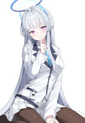  1girl absurdres between_legs black_pantyhose blue_archive blue_necktie blush breasts brown_pantyhose closed_mouth collared_shirt commentary_request finger_to_mouth grey_hair halo hand_between_legs hand_up head_tilt headgear headphones highres id_card jacket large_breasts long_hair long_sleeves looking_at_viewer mechanical_halo millennium_science_school_logo necktie noa_(blue_archive) off_shoulder open_clothes open_jacket pantyhose pleated_skirt shirt shushing sidelocks simple_background sitting skirt smile sob_(submar1089) solo suit two-sided_fabric two-sided_jacket very_long_hair violet_eyes wariza white_background white_hair white_halo white_jacket white_shirt white_skirt white_suit 