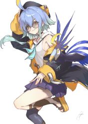  1girl absurdres ahoge animal_on_arm aqua_neckerchief barbaros_(shadowverse) bird bird_on_arm black_hat black_jacket blonde_hair blonde_streaks blue_hair closed_mouth commentary_request foot_out_of_frame glasses green_hair green_streaks hand_on_headwear hat highres jacket leg_up long_sleeves looking_at_viewer multicolored_hair multicolored_jacket neckerchief negidesu1105 open_clothes open_jacket purple_skirt round_eyewear sailor_collar shadowverse shirt signature simple_background single_bare_shoulder skirt sleeveless sleeveless_shirt solo streaked_hair two-tone_jacket white_background white_sailor_collar white_shirt yellow_eyes yellow_jacket 