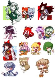  6+girls animal_ears animalization ascot bat_wings black_hair black_hairband black_hat blonde_hair blue_sky blush book bow bowtie brooch brown_eyes brown_hair cat_ears cat_tail character_request chibi clouds commentary_request detached_sleeves dress eating embarrassed expressionless eyeball fang fingernails flower food fox_ears fox_girl fox_tail frills green_background green_eyes green_hair green_ribbon green_shirt green_skirt grey_hair hair_between_eyes hair_bow hair_ornament hair_ribbon hair_tubes hairband hakurei_reimu hat hat_ribbon hata_no_kokoro head_wings heart heart_hair_ornament heart_of_string highres holding holding_book holding_flower holding_food holding_hands holding_weapon hungry imaizumi_kagerou inaba_tewi jewelry kazami_yuuka koakuma komeiji_koishi komeiji_satori konpaku_youmu korean_commentary korean_text kudamaki_tsukasa long_hair long_sleeves looking_at_viewer lovelobten mask mask_on_head multiple_girls necktie one_eye_closed open_mouth outdoors pink_eyes pink_hair plaid_clothes plaid_vest rabbit_ears red_background red_bow red_eyes red_hair red_nails red_ribbon ribbon romper rumia running scabbard sharp_fingernails sharp_teeth sheath shirt short_hair short_sleeves siblings sisters sitting skirt sky smile sword tail teeth third_eye tiger_mask_(object) touhou translation_request very_long_hair vest weapon white_background white_hair white_romper white_shirt wide_sleeves wings wolf_ears wolf_girl yellow_ascot yellow_shirt yuri 