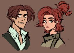 1boy 1girl anastasia_(1997) anya_(anastasia) blue_eyes brown_background brown_eyes brown_hair collared_shirt commentary dimitri_(anastasia) high_collar highres meatgiri pink_lips ponytail red_hair shirt simple_background sketch smile smirk 