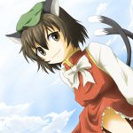  bad_id brown_eyes brown_hair cat_ears cat_tail cat_tails chen dress dutch_angle hat lowres mese multiple_tails sky tail touhou 