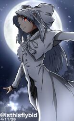  1girl absurdres bow capelet dress flybid full_moon hair_bow highres long_dress long_hair moon night pointy_ears red_eyes skirt smile solo star_(sky) teeth tree tsukihime turtleneck white_hair white_len_(tsukihime) 