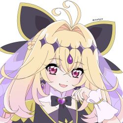  1girl :3 :d absurdres antenna_hair black_bow black_bowtie black_capelet black_dress blonde_hair blush bow bow_earrings bowtie braid brooch capelet commentary crossed_bangs cure_arcana_shadow curled_fingers diamond_hairband dress earrings english_commentary fingernails forehead_jewel frilled_capelet frills gem gold_trim gradient_hair hair_between_eyes hair_bow hair_intakes hairband half_up_braid hand_up heart heart_brooch heart_in_eye highres irahysa jewelry long_hair looking_at_viewer magical_girl meitantei_precure! moria_luluka multicolored_hair nail_polish open_mouth outline pink_eyes portrait precure purple_gem purple_nails purple_veil simple_background sleeveless sleeveless_dress smile solo symbol_in_eye twitter_username two-tone_hair veil very_long_hair white_background white_outline white_wrist_cuffs wrist_cuffs 