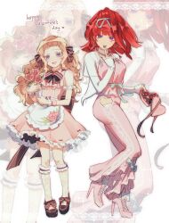  2girls absurdres apron babykatafan back_ribbon bell-bottoms black_shoes blue_ribbon bouquet bow bow_legwear bowtie box breasts brown_bow brown_bowtie brown_ribbon chocolate clothing_cutout commentary dress earrings english_commentary facial_mark flower food footwear_bow full_body gnosia grey_eyes hair_ribbon heart heart-shaped_box heart_cutout heart_earrings heart_facial_mark high_heels high_ponytail highres holding holding_bouquet holding_box holding_chocolate holding_food jewelry kneehighs kukrushka_(gnosia) lace lace_socks large_breasts layered_shirt long_hair looking_at_viewer mark_under_eye multiple_girls necklace open_mouth pants pink_dress pink_flower pink_pants pink_shirt pink_shoes ponytail red_eyes red_hair ribbon shirt shoes short_bangs side_cutout sidelocks small_breasts smile socks sq_(gnosia) standing standing_on_one_leg waist_apron wavy_hair white_apron white_shirt zoom_layer 