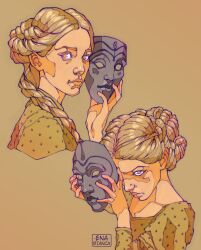  1girl artist_name blonde_hair braid ena_bianca english_commentary hair_bun holding holding_mask lips looking_at_viewer mask multiple_views nose original signature simple_background single_braid sketch solo upper_body 