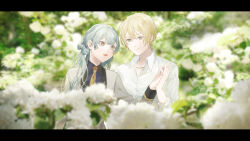  2girls black_border blonde_hair blue_eyes blue_hair blue_shirt blurry blurry_background blurry_foreground border brown_eyes collarbone collared_shirt flower hair_between_eyes highres holding_hands jacket long_hair long_sleeves looking_at_another mege_(megechan) multiple_girls necktie original outdoors shirt short_hair sleeves_rolled_up smile suit suit_jacket upper_body white_shirt white_suit yellow_necktie yuri 