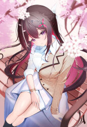  1girl ascot azki_(4th_costume)_(hololive) azki_(hololive) black_hair blurry blurry_foreground braid brown_jacket cherry_blossoms collared_dress colored_inner_hair commentary_request double-parted_bangs dress falling_petals hair_intakes hair_ornament hair_ribbon hairclip half-jacket half_up_braid high-low_dress highres hololive jacket long_hair looking_at_viewer mohejiillust mole mole_under_eye multicolored_hair official_alternate_costume on_bench outdoors petals pink_hair pink_streaks ribbon sidelocks simple_background skirt skirt_under_dress solo streaked_hair three-quarter_sleeves very_long_hair violet_eyes virtual_youtuber white_ascot white_dress white_ribbon white_skirt white_streaks 