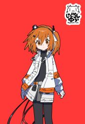  1girl a.i._voice adachi_rei artist_logo belt black_shirt black_thighhighs cable closed_mouth commentary culottes drawstring empty_eyes feet_out_of_frame gloves grey_shorts hair_between_eyes hair_ornament hair_ribbon hairclip headlamp headset highres jacket logo long_sleeves medium_hair one_side_up open_clothes open_jacket orange_belt orange_eyes orange_hair radio_antenna red_background ribbon shirt shorts simple_background solo sound_wave thigh-highs turtleneck turtleneck_shirt untranslatable_commentary utau white_gloves white_jacket white_ribbon wide-eyed yagidon 