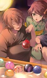 029 1boy 1girl ^_^ balloon blush brown_hair brown_kimono character_request closed_eyes flat_chest green_eyes green_kimono hair_between_eyes hand_up highres holding holding_balloon inou-battle_wa_nichijou-kei_no_naka_de japanese_clothes kimono long_hair long_sleeves non-web_source obi official_art open_mouth sash short_hair sleeves_pushed_up smile squatting summer_festival very_long_hair water wide_sleeves yukata 
